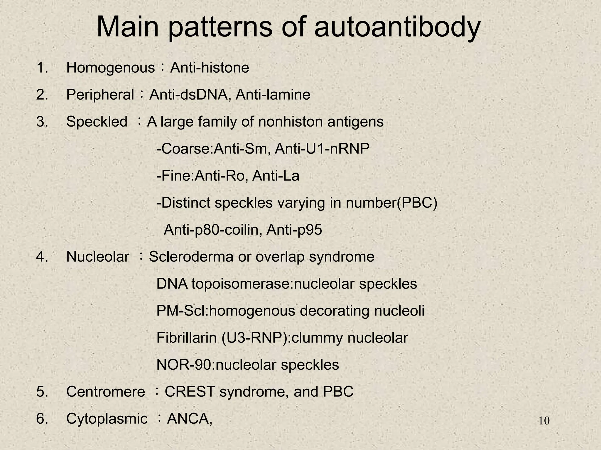 10
Main patterns of autoantibody
1. Homogenous：Anti-histone
2. Peripheral：Anti-dsDNA, Anti-lamine
3. Speckled ：A large family of nonhiston antigens
-Coarse:Anti-Sm, Anti-U1-nRNP
-Fine:Anti-Ro, Anti-La
-Distinct speckles varying in number(PBC)
Anti-p80-coilin, Anti-p95
4. Nucleolar ：Scleroderma or overlap syndrome
DNA topoisomerase:nucleolar speckles
PM-Scl:homogenous decorating nucleoli
Fibrillarin (U3-RNP):clummy nucleolar
NOR-90:nucleolar speckles
5. Centromere ：CREST syndrome, and PBC
6. Cytoplasmic ：ANCA,
 