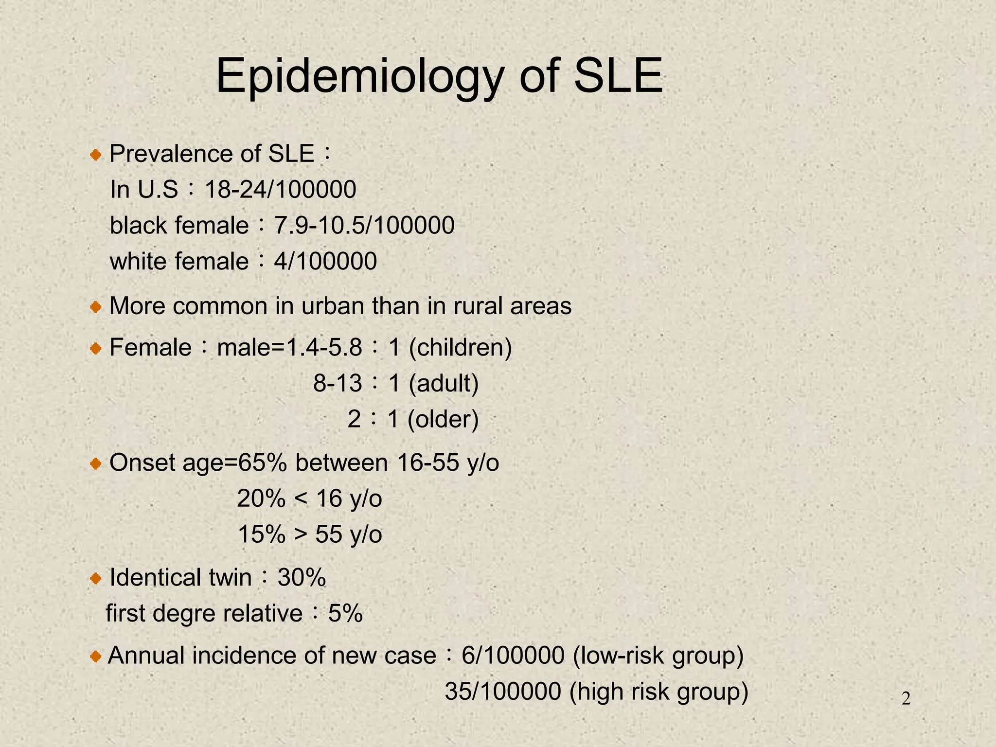 2
Epidemiology of SLE
Prevalence of SLE：
In U.S：18-24/100000
black female：7.9-10.5/100000
white female：4/100000
More common in urban than in rural areas
Female：male=1.4-5.8：1 (children)
8-13：1 (adult)
2：1 (older)
Onset age=65% between 16-55 y/o
20% < 16 y/o
15% > 55 y/o
Identical twin：30%
first degre relative：5%
Annual incidence of new case：6/100000 (low-risk group)
35/100000 (high risk group)
 