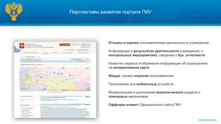 Перспективы развития портала ГМУ




               Отзывы и оценка пользователями деятельности учреждений

               Информация о результатах деятельности учреждений, о
               контрольных мероприятиях, сведения о бух. отчетности

               Развитие сервиса отображения информации об учреждениях
               на интерактивной карте

               Форум, сервис опросов пользователей

               Приложения для мобильных устройств

               Модернизация и дополнение аналитического раздела и
               поисковых механизмов

               Оффлайн-клиент Официального сайта ГМУ



                                                                WWW.ROSKAZNA.RU
 