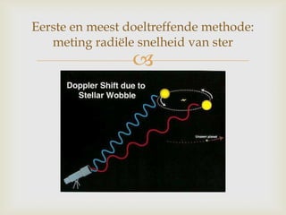 
Eerste en meest doeltreffende methode:
meting radiële snelheid van ster
 