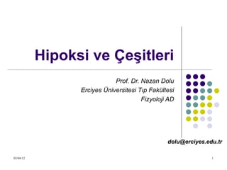 Hipoksi ve Çeşitleri
                             Prof. Dr. Nazan Dolu
                 Erciyes Üniversitesi Tıp Fakültesi
                                       Fizyoloji AD




                                                dolu@erciyes.edu.tr

03/04/12                                                       1
 