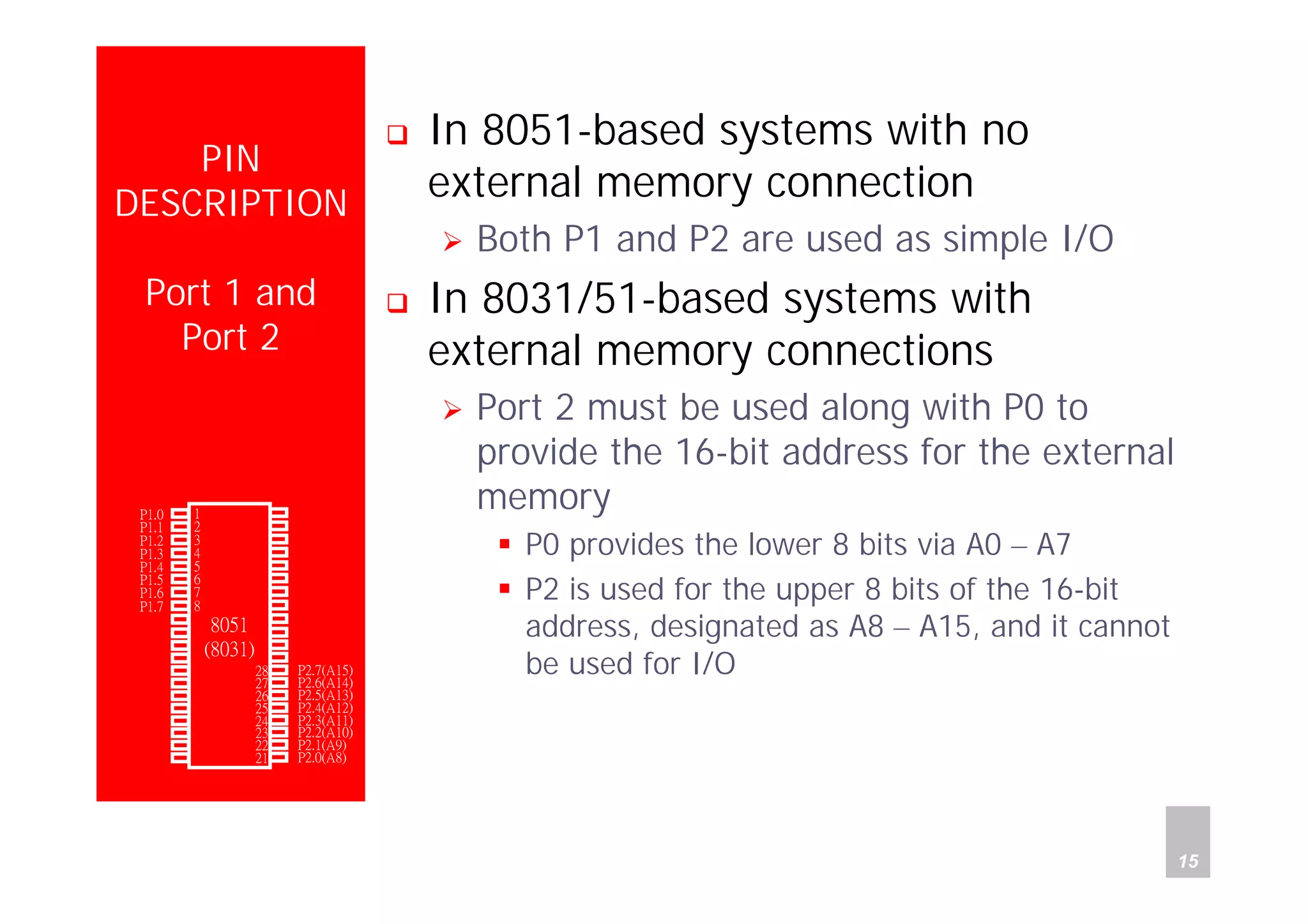 Department of Computer Science and Information Engineering
National Cheng Kung University, TAIWAN 15
HANEL
PIN
DESCRIPTION
Port 1 and
Port 2
In 8051-based systems with no
external memory connection
Both P1 and P2 are used as simple I/O
In 8031/51-based systems with
external memory connections
Port 2 must be used along with P0 to
provide the 16-bit address for the external
memory
P0 provides the lower 8 bits via A0 – A7
P2 is used for the upper 8 bits of the 16-bit
address, designated as A8 – A15, and it cannot
be used for I/O
P1.0
P1.1
P1.2
P1.3
P1.4
P1.5
P1.6
P1.7
RST
(RXD)P3.0
(TXD)P3.1
(INT0)P3.2
(INT1)P3.3
(T0)P3.4
(T1)P3.5
(WR)P3.6
(RD)P3.7
XTAL2
XTAL1
GND
Vcc
P0.0(AD0)
P0.1(AD1)
P0.2(AD2)
P0.3(AD3)
P0.4(AD4)
P0.5(AD5)
P0.6(AD6)
P0.7(AD7)
-EA/VPP
ALE/PROG
-PSEN
P2.7(A15)
P2.6(A14)
P2.5(A13)
P2.4(A12)
P2.3(A11)
P2.2(A10)
P2.1(A9)
P2.0(A8)
1
2
3
4
5
6
7
8
9
10
11
12
13
14
15
16
17
18
19
20
40
39
38
37
36
35
34
33
32
31
30
29
28
27
26
25
24
23
22
21
8051
(8031)
 