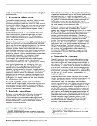 Russell Investments / Eight ideas to help improve your DC plan / 2
match as one of the most powerful motivators for setting their
contribution rate.
2. Evaluate the default option
The qualified default investment alternative (QDIA) concept
has been a central element of the corporate defined
contribution scene since it was first introduced in the Pension
Protection Act of 2006. Target date funds, the most commonly
used QDIAs, have received 58% of participant contributions
as of the end of 2018, and that figure is projected to grow to
80% by 2024.7
Significant attention should be paid to whether the current
default option remains suitable for participants or if other
options may better suit their needs. The default solution
choice, and periodic re-evaluation, should be considered a
critical duty of plan sponsors.
There are three primary forms that a QDIA can take (balanced
funds, managed accounts, and target date funds), and each
has its own strengths in different circumstances. For example,
balanced funds are generally the simplest approach;
managed accounts are the most customizable; and target
date funds (age-based options that automatically de-risk over
time) are widely seen as the closest thing available to a “one-
size-fits-all” solution. A hybrid QDIA approach combines these
options and is discussed in the next section. Russell
Investments has demonstrated that with increased
customization, first at the plan level, then at the individual
level, participants are able to provide higher levels of
retirement income adequacy with a higher degree of certainty.
With around 40 target date fund providers in 2020,8
the
marketplace offers many target date default options from
which to choose. While all glide paths assign a higher
allocation to growth assets the further the investors are from
retirement, allocations across providers may differ by as much
as 40% for investors nearing or in retirement. The range of
expected income replacement rates can vary widely among
target date funds, so it is important to consider the overall
objectives of your defined contribution plan when reviewing
the default solution choice.
It is equally important to consider risk in the evaluation
process. Market corrections are unpredictable and high equity
exposures increase the distribution of outcomes. Negative
market returns near the point of retirement have an outsized
impact on sustainability of withdrawals.9
3. Conduct a re-enrollment
Evidence is mounting that the self-directed, do-it-yourself
approach to DC plan investing often results in poorly
constructed participant portfolios and lower-than-optimal
savings rates. Participant inertia, naïve diversification, and a
bias toward the status quo can be attributed to what we
believe is sub-optimal behavior.
7
Source: Cerulli Retirement Markets Report, 2019
8
Morningstar Direct, as of 12/31/20
9
Forecasting represents predictions of market prices and/or volume patterns
utilizing varying analytical data. There is no guarantee that any stated results
will occur.
Fortunately, there is an easy fix. A re-enrollment consisting of
a re-election of investment choices and savings rates can help
participants get back on track to saving adequately and
investing appropriately. A QDIA re-enrollment can help meet
the needs of the majority while still maintaining flexibility for
self-directed members who can opt out at any time. A
contribution re-enrollment, as mentioned previously, follows
the same process only for contribution rates.
While such a process may seem daunting at first, our own
experience has shown that re-enrollments are straight-
forward, with the plan’s recordkeeper doing much of the heavy
lifting10
. With a QDIA re-enrollment, all participants are asked
to re-select their investments, typically through a special
website established by the recordkeeper. If they wish to
maintain their current elections, or select new ones, they can
do so within a certain timeframe, generally about three
months. Communication materials inform participants that if
they fail to act after a reasonable notice period, their existing
plan balance and future contributions will be mapped to the
QDIA on a certain date. Plus, if done correctly (mainly
satisfying certain participant notice requirements), fiduciaries
are provided safe harbor protection under the Pension
Protection Act of 2006. The glide path manager can help
structure both the required and supplemental participant
communications.
4. Streamline the core menu
Russell Investments recommends simplifying core menus
because offering too many investment choices may lead to
participant confusion and place greater fiduciary burdens on
plan sponsors. The average number of investment options is
approximately 19,11
while Russell Investments recommends 6
to 8. Although the average number of plan investments has
decreased over time, many plan sponsors are still offering too
many options. According to Deloitte’s 2019 DC Benchmarking
Survey, only 40% of plan sponsors have simplified the
investment options.
While there is no magic number, decisions about the right
number of investment options should be centered around the
number of investment decisions you wish to ask your
participants to make. The average DC plan core menu
requires plan participants make at least five major investment
decisions: Stocks vs. bonds, capitalization (large vs. small),
investment style (growth vs. value), regional exposure (U.S.
vs. Non-U.S.), and active management (active vs. passive).
Rather than offering narrow investment choices and forcing
participants to become experts on siloed asset classes, we
believe the same amount of diversification can be offered to
participants with a relatively smaller core menu made up of
multiple-managers in each investment option. A multi-
manager approach can help improve the consistency of
excess returns with less volatility than single-manager
portfolios in the same asset class.12
10
Source: Verdeyen, H. (2019 July) “Defined Contribution plan enrollment: A
fiduciary imperative?” Russell Investments
11
Source: PSCA’s 62nd
Annual Survey of Profit Sharing and 301(k) Plans,
2019
12
Source: Russell Investments
 