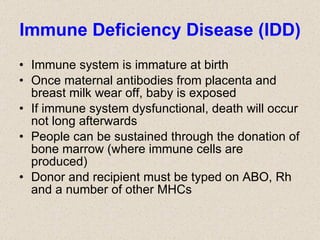 Immune Deficiency Disease (IDD) Immune system is immature at birth Once maternal antibodies from placenta and breast milk wear off, baby is exposed If immune system dysfunctional, death will occur not long afterwards People can be sustained through the donation of bone marrow (where immune cells are produced) Donor and recipient must be typed on ABO, Rh and a number of other MHCs 