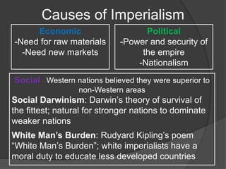 Causes of Imperialism
Economic
-Need for raw materials
-Need new markets
Political
-Power and security of
the empire
-Nationalism
Social – Western nations believed they were superior to
non-Western areas
Social Darwinism: Darwin’s theory of survival of
the fittest; natural for stronger nations to dominate
weaker nations
White Man’s Burden: Rudyard Kipling’s poem
“White Man’s Burden”; white imperialists have a
moral duty to educate less developed countries
 