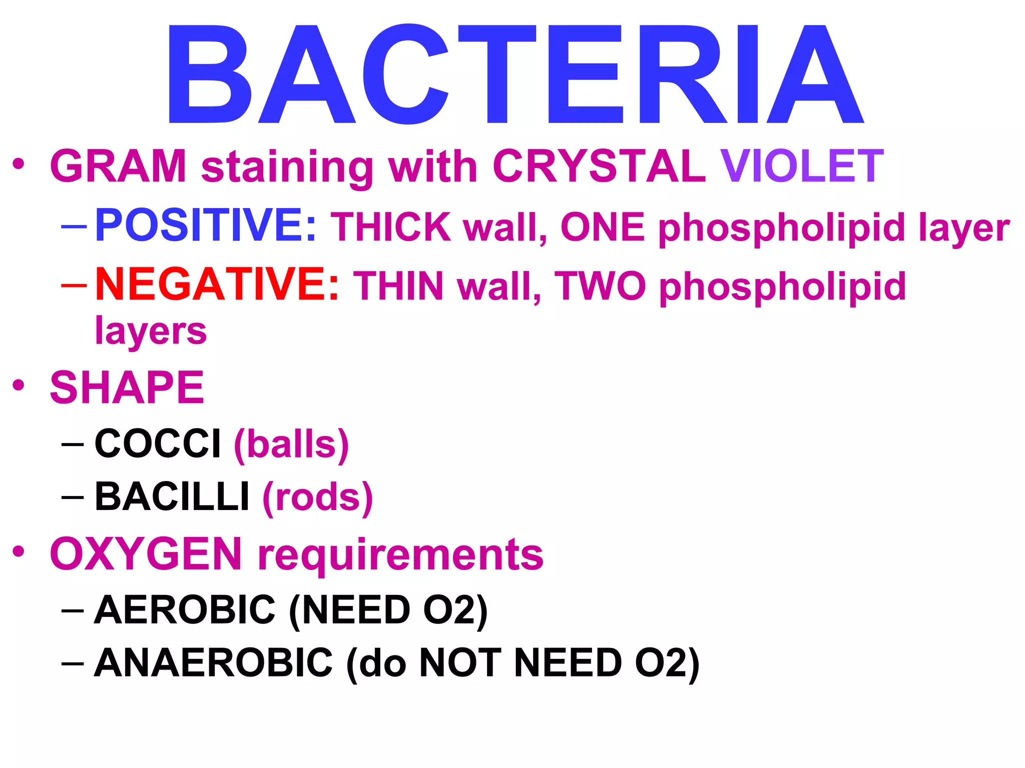 BACTERIA • GRAM staining with CRYSTAL VIOLET 
–POSITIVE: THICK wall, ONE phospholipid layer 
–NEGATIVE: THIN wall, TWO phospholipid 
layers 
• SHAPE 
– COCCI (balls) 
– BACILLI (rods) 
• OXYGEN requirements 
– AEROBIC (NEED O2) 
– ANAEROBIC (do NOT NEED O2) 
 