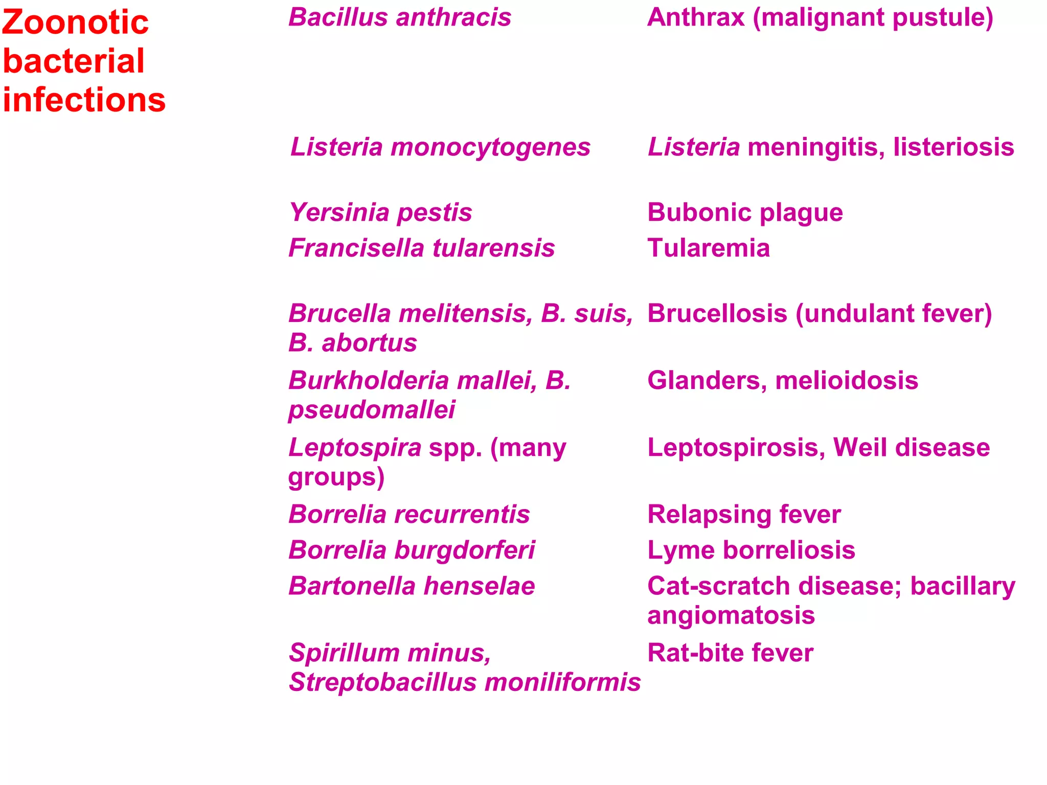 Zoonotic 
bacterial 
infections 
Bacillus anthracis Anthrax (malignant pustule) 
Listeria monocytogenes Listeria meningitis, listeriosis 
Yersinia pestis Bubonic plague 
Francisella tularensis Tularemia 
Brucella melitensis, B. suis, 
Brucellosis (undulant fever) 
B. abortus 
Burkholderia mallei, B. 
pseudomallei 
Glanders, melioidosis 
Leptospira spp. (many 
groups) 
Leptospirosis, Weil disease 
Borrelia recurrentis Relapsing fever 
Borrelia burgdorferi Lyme borreliosis 
Bartonella henselae Cat-scratch disease; bacillary 
angiomatosis 
Spirillum minus, 
Streptobacillus moniliformis 
Rat-bite fever 
 
