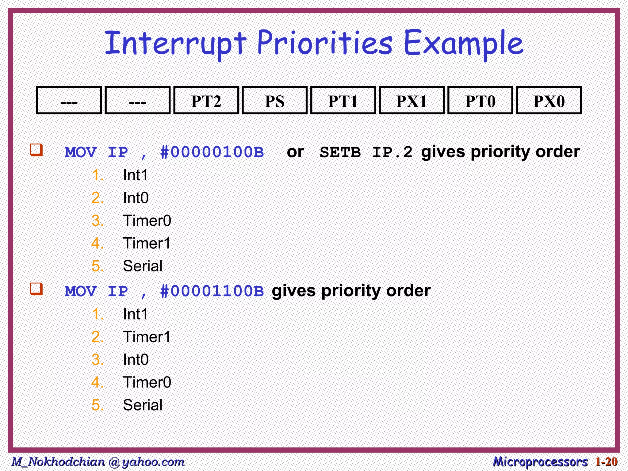 Interrupt Priorities Example
       ---        ---       PT2   PS       PT1     PX1     PT0      PX0

      MOV IP , #00000100B             or SETB IP.2 gives priority order
             1.   Int1
             2.   Int0
             3.   Timer0
             4.   Timer1
             5.   Serial
      MOV IP , #00001100B gives priority order
             1.   Int1
             2.   Timer1
             3.   Int0
             4.   Timer0
             5.   Serial


M_Nokhodchian @ yahoo.com                                     Microprocessors 1-20
 