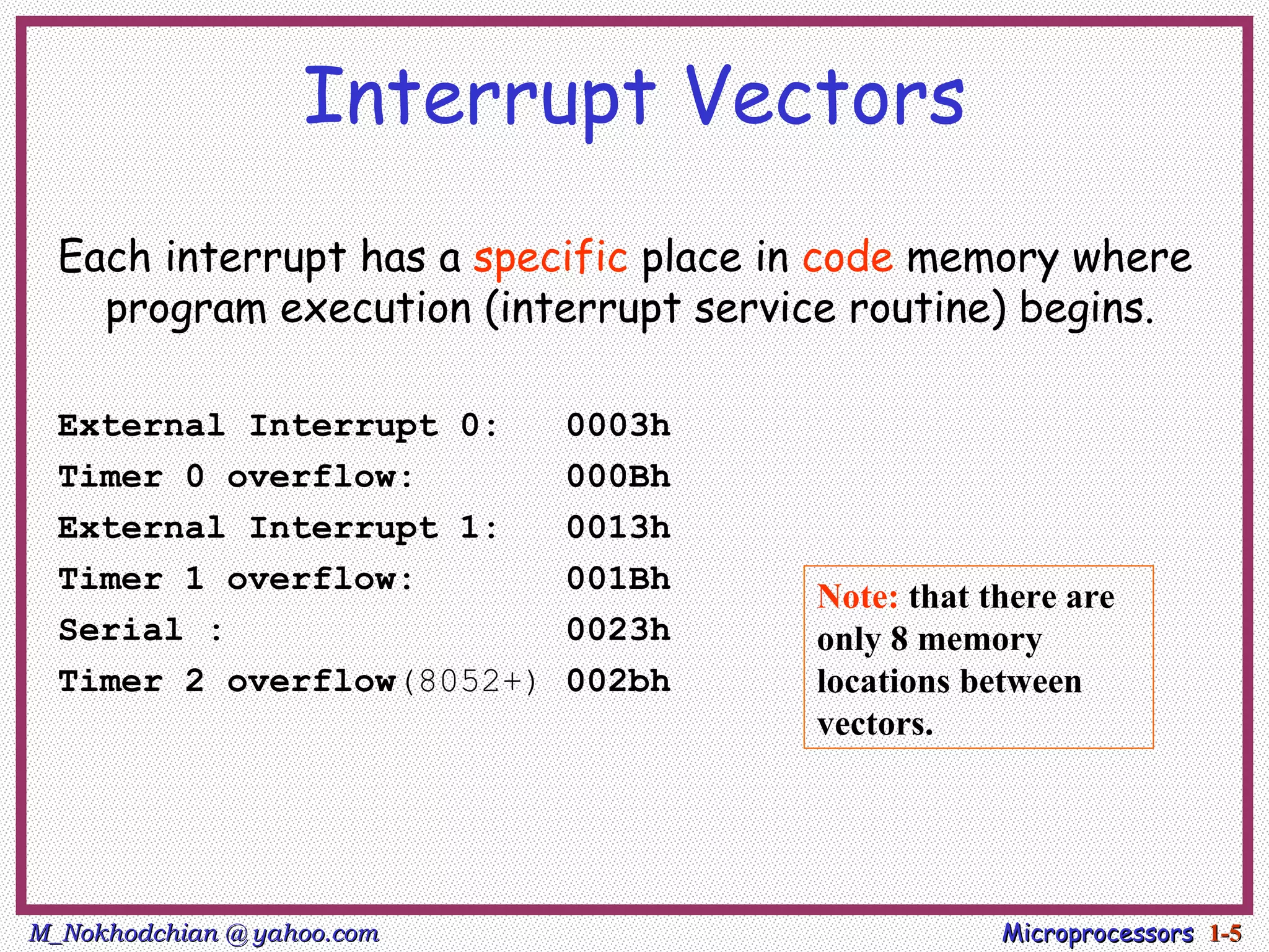 Interrupt Vectors
  Each interrupt has a specific place in code memory where
    program execution (interrupt service routine) begins.

  External Interrupt 0:     0003h
  Timer 0 overflow:         000Bh
  External Interrupt 1:     0013h
  Timer 1 overflow:         001Bh
                                       Note: that there are
  Serial :                  0023h      only 8 memory
  Timer 2 overflow(8052+)   002bh      locations between
                                       vectors.




M_Nokhodchian @ yahoo.com                          Microprocessors 1-5
 
