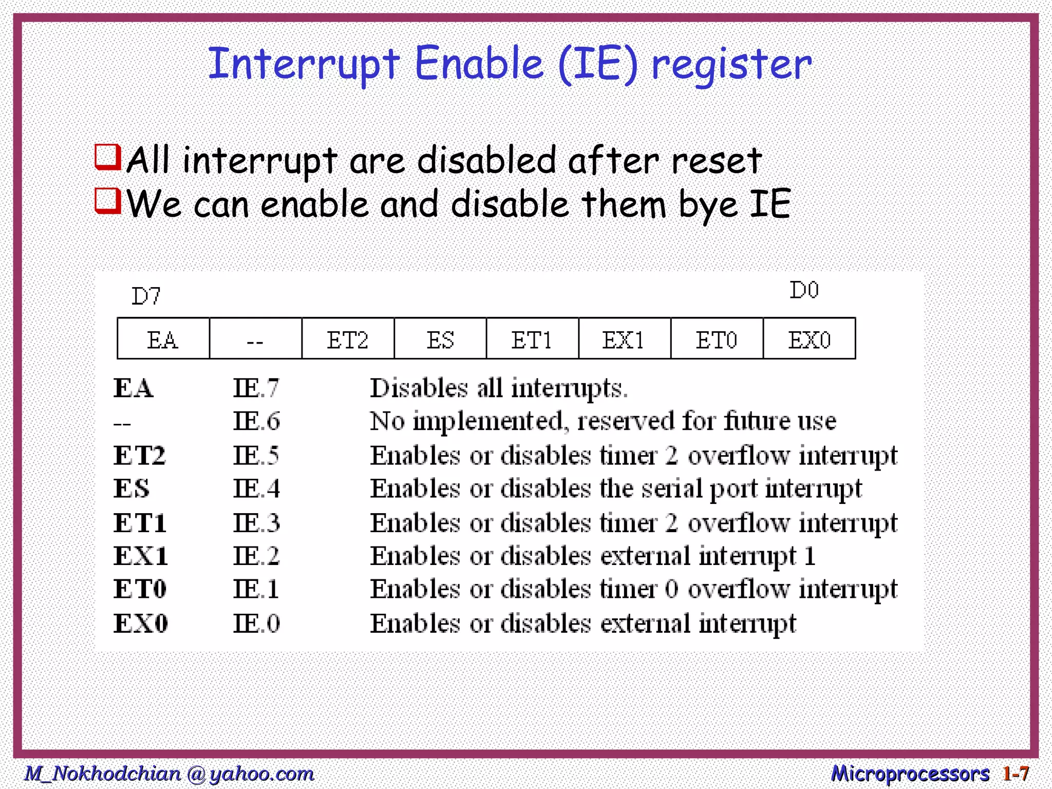 Interrupt Enable (IE) register

     All interrupt are disabled after reset
     We can enable and disable them bye IE




M_Nokhodchian @ yahoo.com                       Microprocessors 1-7
 