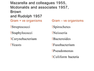 Mazarella and colleagues 1955,
Mcdonalds and associates 1957,
Brown
and Rudolph 1957
Gram + ve organisms
Streptococci
Staphylococci
Corynebacterium
Yeasts
Gram – ve organisms
Spirochetes
Neisseria
Bacteroides
Fusobacterium
Pseudomonas
Coliform bacteria
 