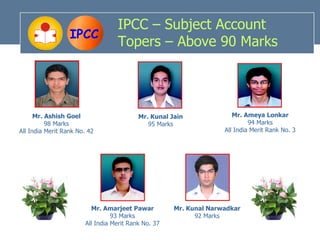 IPCC – Subject Account
                  IPCC
                                   Topers – Above 90 Marks




      Mr. Ashish Goel                      Mr. Kunal Jain              Mr. Ameya Lonkar
          98 Marks                            95 Marks                       94 Marks
All India Merit Rank No. 42                                         All India Merit Rank No. 3




                          Mr. Amarjeet Pawar          Mr. Kunal Narwadkar
                                  93 Marks                  92 Marks
                        All India Merit Rank No. 37
 