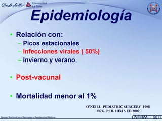 Epidemiología
• Relación con:
  – Picos estacionales
  – Infecciones virales ( 50%)
  – Invierno y verano

• Post-vacunal

• Mortalidad menor al 1%
                         O’NEILL PEDIATRIC SURGERY 1998
                              URG. PED. HIM 5 ED 2002
 