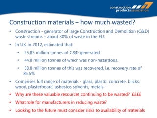 Construction materials – how much wasted?
• Construction - generator of large Construction and Demolition (C&D)
waste stre...