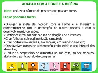 O que podemos fazer? Divulgar a meta de “Acabar com a Fome e a Miséria” e comprometer-se com a orientação de outras pessoas e com o desenvolvimento de ações; Participar e realizar campanhas de doações de alimentos; Criar folhetos sobre alimentação saudável; Criar hortas comunitárias, em escolas, em residências e etc; Desenvolver cursos de alimentação enriquecida e uso integral dos alimentos; Reduzir o desperdício de alimentos na sua casa, no seu trabalho, alertando e participando de campanhas! ACABAR COM A FOME E A MISÉRIA Meta : reduzir o número de pessoas que passam fome. 