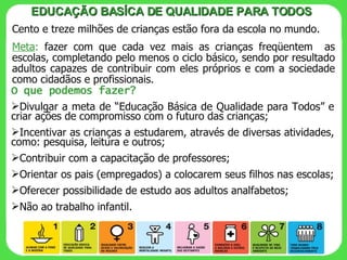 Cento e treze milhões de crianças estão fora da escola no mundo. Meta :  fazer com que cada vez mais as crianças freqüentem  as escolas, completando pelo menos o ciclo básico, sendo por resultado adultos capazes de contribuir com eles próprios e com a sociedade como cidadãos e profissionais. EDUCAÇÃO BASÍCA DE QUALIDADE PARA TODOS O que podemos fazer? Divulgar a meta de “Educação Básica de Qualidade para Todos” e criar ações de compromisso com o futuro das crianças; Incentivar as crianças a estudarem, através de diversas atividades, como: pesquisa, leitura e outros; Contribuir com a capacitação de professores; Orientar os pais (empregados) a colocarem seus filhos nas escolas; Oferecer possibilidade de estudo aos adultos analfabetos; Não ao trabalho infantil. 