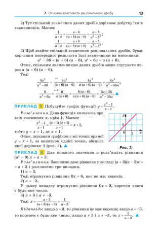 2. Основна властивість раціонального дробу 13
2) Тут спільний знаменник даних дробів дорівнює добутку їхніх
знаменників. Маємо:
1
2 2
a b
a b
a b a b
a b
a b


 


 
( ) ( )
;
1
2 2
a b
a b
a b a b
a b
a b


 


 
( ) ( )
.
3) об знайти спільний знаменник раціональних дробів, буває
корисним попередньо розкласти їхні знаменники на множники:
a2
36 = (a + 6) (a 6), a2
+ 6a = a (a + 6).
Отже, спільним знаменником даних дробів може слугувати ви-
раз a (a + 6) (a 6).
Тоді
4
36
4
6 6
4
6 6
4
36
2
2
2 3 3
3
a
a
a
a a
a
a a a
a
a a
a
− + − + − −
= = =
/
( ) ( ) ( ) ( )
;
6
6
6
6
6 6
6 6
6 36
36
2
6
3
a a a a
a
a a a
a
a a
a
+ +
−
+ −
−
−
= = =
− /
( )
( )
( ) ( )
.
ПРИКЛАД 5 Побудуйте графік функції y
x
x



2
1
1
.
озв занн . Äана функція визначена при
всіх значеннях , крім 1. Маємо:
x
x
x x
x
x
2
1
1
1 1
1
1


 

  
( ) ( )
,
тобто = + 1, де ≠ 1.
Отже, шуканим графіком є всі точки прямої
= + 1, за винятком однієї точки, абсциса
якої дорівнює 1 (рис. 2). 
ПРИКЛАД 6 Äля кожного значення а розв’яжіть рівняння
(a2
9) = a + 3.
озв занн . Запишемо дане рівняння у вигляді (a + 3)(a 3) =
= a + 3 і розглянемо три випадки.
1) a = 3.
Тоді отримуємо рівняння 0 = 6, яке не має коренів.
2) a = 3.
У цьому випадку отримуємо рівняння 0 = 0, коренем якого
є будь-яке число.
3) a ≠ 3 і a ≠ 3.
Тоді x
a
a a a
 

  
3
3 3
1
3
( ) ( )
.
В ов ь: як о a = 3, то рівняння не має коренів як о a = 3,
то коренем є будь-яке число як о a ≠ 3 і a ≠ 3, то x
a


1
3
. 
0
1
1
1
Рис. 2
 
