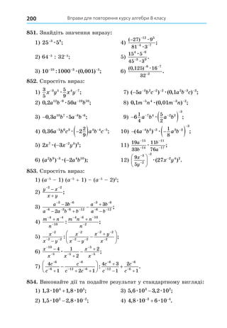 Вправи для повторення курсу алгебри 8 класу
200
8 . Знайдіть значення виразу:
1) 25 5
3 8
−
æ ; 4)
( )
;
− −
− −
27 9
81 3
12 5
4 7
æ
æ
2) 64 3
: 32 3
5)
15 5
45 3
4 6
3 9
æ
æ
−
−
.
3) 10 1000 0 001
10 3 5
− − −
: ( , ) ;
æ 6)
( , )
.
0 125 16
32
8 7
2
− −
−
æ
8 . Спростіть вираз:
1)
3
5
5
9
3 5 4 7
x y x y
− −
æ ; 7) ( ) ( , ) ;
− − − − − −
5 0 1
3 2 2 2 2 3 3
a b c a b c
æ
2) 0 2 50
12 9 10 10
, ;
a b a b
− −
æ 8) 0 1 0 01
5 4 3 2
, ( , ) ;
m n m n
− − −
æ
3) − − −
0 3 5
10 7 8 6
, ;
a b a b
æ 9)   
 

6
1
4
5
2
7 4 2 2
3
a b a b
æ ;
4) 0 36 2
5 6 3 4 4 5
2
9
, ;
a b c a b c
  

 
æ 10)  
 
  

( ) ;
4 4 3 2 3 3
3
1
8
a b a b
æ
5) 2 3
7 2 3 3
x x y
æ( ) ;
− −
11)
19
33
11
76
15
14
11
17
a
b
b
a
−
−
−
−
æ ;
6) ( ) ( );
a b a b
2 9 3 4 10
2
−
−
æ 12)
9
5
3
2
2
2 4 2
27
x
y
x y









 æ( ) .
8 . Спростіть вираз:
1) (a 5
1) (a 5
+ 1) (a 5
2)2
2)
y x
x y
 


2 2
;
3)
a b
a a b b
a b
a b
 
   
 
 

 



3 6
6 3 6 12
3 6
6 12
3
2
3
;
4)
m n
n
m n n
n
 

  

 
4 4
10
4 6 10
2
: ;
5)
x
x y
x
x y
x y
x

 

 
 

 








2
2 2
2
2 2
2 2
2
: ;
6)
x
x x
x
x

 






10
5 5
5
5
4 1
2
2
æ ;
7)
4
1 2 1
4 3
1
2
1
6
6
6
12 6
6
12
6
6
c
c
c
c c
c
c
c
c



 




  

 






 
: .
8 . Виконайте дії та подайте результат у стандартному вигляді:
1) 1 3 10 1 8 10
4 5
, , ;
æ æ
+ 3) 5 6 10 3 2 10
3 2
, , ;
æ æ
−
2) 1 5 10 2 8 10
2 2
, , ;
æ æ
− −
4) 4 8 10 6 10
3 4
, .
æ æ
 

 