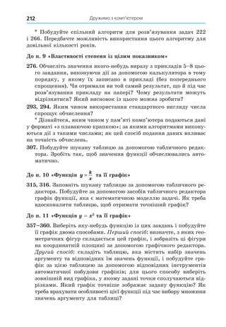 Дружимо з комп’ютером
212
Побудуйте спільний алгоритм для розв’язування задач 222
і 266. Передбачте можливість використання цього алгоритму для
довільної кількості років.
о п. Властивості степеня із іли показнико
. Обчисліть значення якого-небудь виразу з прикладів 5 8 цьо-
го завдання, виконуючи дії за допомогою калькулятора в тому
порядку, у якому їх записано в прикладі (без попереднього
спро ення). и отримали ви той самий результат, о й під час
розв’язування прикладу на папері ому результати можуть
відрізнятися Який висновок із цього можна зробити
. Яким чином використання стандартного вигляду числа
спро ує обчислення
Äізнайтеся, яким чином у пам’яті комп’ютера подаються дані
у форматі «з плаваючою крапкою» за якими алгоритмами викону-
ються дії з такими числами як цей спосіб подання даних впливає
на точність обчислень.
. Побудуйте шукану таблицю за допомогою табличного редак-
тора. Зробіть так, об значення функції обчислювались авто-
матично.
о п. унк ія y
k
x
= та її гра ік
. Заповніть шукану таблицю за допомогою табличного ре-
дактора. Побудуйте за допомогою засобів табличного редактора
графік функції, яка є математичною моделлю задачі. Як треба
вдосконалити таблицю, об отримати точніший графік
о п. унк ія = та її гра ік
. Виберіть яку-небудь функцію із цих завдань і побудуйте
її графік двома способами. ер ий с ос : визначте, з яких гео-
метричних фігур складається цей графік, і зобразіть ці фігури
на координатній пло ині за допомогою графічного редактора.
Дру ий с ос : складіть таблицю, яка містить набір значень
аргументу та відповідних їм значень функції, і побудуйте гра-
фік за цією таблицею за допомогою відповідних інструментів
автоматичної побудови графіків для цього способу виберіть
зовнішній вид графіка, у якому задані точки сполучаються від-
різками. Який графік точніше зображає задану функцію Як
треба врахувати особливості цієї функції під час вибору множини
значень аргументу для таблиці
 