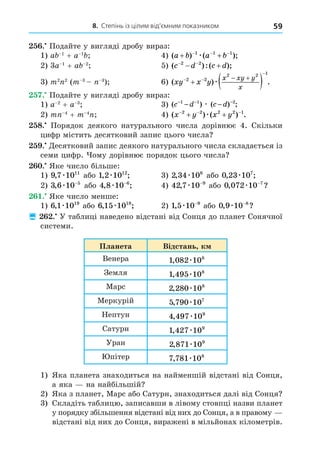 8. Степінь із цілим від’ємним показником 59
. Подайте у вигляді дробу вираз:
1) a 1
+ a 1
4) ( ) ( );
a b a b
 
  
1 1 1
æ
2) 3a 1
+ a 2
5) ( ):( );
c d c d
 
 
2 2
3) m2 2
(m 3 3
) 6) ( ) .
xy x y
x xy y
x
 

  
 
2 2
2 2 1
æ
. Подайте у вигляді дробу вираз:
1) a 2
+ a 3
3) ( ) ( ) ;
c d c d
− − −
− −
1 1 2
æ
2) m 4
+ m 4
4) ( ) ( ) .
x y x y
  
 
2 2 2 2 1
æ
8. Порядок деякого натурального числа дорівнює 4. Скільки
цифр містить десятковий запис цього числа
. Äесятковий запис деякого натурального числа складається із
семи цифр. ому дорівнює порядок цього числа
. Яке число більше:
1) 9 7 1011
, æ або 1 2 1012
, ;
æ 3) 2 34 106
, æ або 0 23 107
, ;
æ
2) 3 6 10 5
, æ −
або 4 8 10 6
, ;
æ −
4) 42 7 10 9
, æ −
або 0 072 10 7
, ?
æ −
. Яке число менше:
1) 6 1 1019
, æ або 6 15 1018
, ;
æ 2) 1 5 10 9
, æ −
або 0 9 10 8
, ?
æ −
 . У таблиці наведено відстані від Сонця до планет Сонячної
системи.
Планета Відстань к
Венера 1 082 108
, æ
Земля 1 495 108
, æ
Марс 2 280 108
, æ
Меркурій 5 790 107
, æ
Нептун 4 497 109
, æ
Сатурн 1 427 109
, æ
Уран 2 871 109
, æ
пітер 7 781 108
, æ
1) Яка планета знаходиться на найменшій відстані від Сонця,
а яка на найбільшій
2) Яка з планет, Марс або Сатурн, знаходиться далі від Сонця
3) Складіть таблицю, записавши в лівому стовпці назви планет
у порядку збільшення відстані від них до Сонця, а в правому
відстані від них до Сонця, виражені в мільйонах кілометрів.
 