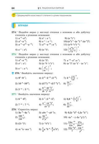 § 1. РАЦІОНАЛЬНІ ВИРАЗИ
64
Сформулюйте властивості степеня із цілим показником.
ВПРАВИ
. Подайте вираз у вигляді степеня з основою a або добутку
степенів з різними основами:
1) a a
−6 9
æ ; 5) a7
: a 3
9) (a 6
) 8
2) a a
5 8
æ −
; 6) a 3
: a 15
10) ( ) ( ) :( ) ;
a a a
2 4 3 2 8 3
− − − −
æ
3) a a a
− −
5 10 12
æ æ ; 7) a a a
12 20 9
æ − −
: ; 11) (a4 2 3
) 10
4) a 2
: a6
8) (a 5
)4
12)
a b
c d
10 7
6 14
2








 .
. Подайте вираз у вигляді степеня з основою a або добутку
степенів з різними основами:
1) a a
6 10
æ −
; 4) (a 2
)6
7) a a a
− −
16 8 4
. : ;
2) a4
: a7
5) (a 3 1 7
) 4
8) ( ) :( ) ( ) .
a a a
− − − −
3 8 1 7 7 4
æ
3) a 5
: a 9
6)
a
bc
2
1
3







 ;
 . Знайдіть значення виразу:
1) 9 9
5 7
æ −
; 4) 2 2 2
9 12 22
− − −
æ : ; 7) 3 3
3
2
3


 
æ ;
2) 10 10
8 12
−
æ ; 5) ( ) ( ) ;
17 17
4 12 6 8
− − −
æ 8)
14
7
5
5
−
−
.
3) 3 18
: 3 21
6)
6 6
6 6
5 3 4
7 2 3
− −
− −
æ
æ
( )
( )
;
. Знайдіть значення виразу:
1) 6 6
9 6
−
æ ; 3) 5 5 5
7 6 3
− −
: ;
æ 5) 0 8 1
4
4
1
4
, ;


 
æ
2) 7 16
: 7 18
4)
4 4
4
7 5 3
3 7
− −
−
æ( )
( )
; 6)
11
22
2
2
−
−
.
8. Спростіть вираз:
1) 3 4
3 4
a a
− −
æ ; 5) abc ab c
− −
1 1
æ ; 9) 0 2 1 5
3 5 2 5
, , ;
c d c d
− − −
æ
2)
10
15
4
5
b
b
−
−
; 6)
kp
k p
−6
4 4
; 10) 4 3
8 2 4 2
x x y
æ ( ) ;
− − −
3) (2 6
)4
7) ( 6 2
) 7
11)
13
12
27
26
10
8 2
m
n
n
m
−
−
æ ;
4) m n mn
− −
2 2
æ ; 8)
1
3
6
7
3 6 7 4
a b a b
− −
æ ; 12)
18
7
15
6 2 2
6
p k k
p
− −
: .
 