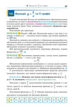 69
10. Функція y
k
x
= .та її графік
10. Функція y
x
= та її графік
10.
У курсі математики 6 класу ви ознайомилися з функціональною
залежністю, за якої зі збільшення з еншення однієї величини
в кілька разів друга величина з еншу ться (збільшу ться) в таку
саму кількість разів. Таку залежність називають обернено про
пор і ніст .
Розглянемо два приклади.
ПРИКЛАД 1 Нехай є 500 грн. Позначимо через грн ціну 1 кг
товару, а через кг кількість цього товару, яку можна придбати
за 500 грн.
Залежність змінної від змінної є оберненою пропорційністю:
збільшення ціни у кілька разів приводить до зменшення кількості
товару у стільки ж разів і, навпаки, зменшення ціни спричиняє
збільшення кількості купленого товару.
ій функціональній залежності відповідає функція, задана
формулою y
x
=
500
. 
ПРИКЛАД 2 Розглянемо прямокутник, пло а якого дорівнює
18 см2
, а сторони см і см. Тоді
y
x
=
18
.
Збільшення (зменшення) знаменника у кілька разів спричи-
няє зменшення (збільшення) величини у стільки ж разів, тобто
залежність змінної від змінної є оберненою пропорційністю. 
У розглянутих прикладах математичною моделлю реальних
ситуацій є функція, яку можна задати формулою виду y
k
x
= .
значення. унк і яку ожна задати ор уло виду y
k
x
= ,
де ≠ назива ть обернено пропор і ніст .
Оскільки у виразі
k
x
допустимими значеннями змінної є всі
числа, крім 0, то областю визначення функції y
k
x
= також є всі
числа, крім 0.
Розглянемо функцію y
x
=
6
. У таблиці наведено деякі значення
аргументу та відповідні їм значення функції.
6 4 3 2 1,5 1 1 1,5 2 3 4 6
1 1,5 2 3 4 6 6 4 3 2 1,5 1
 