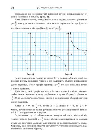 § 1. РАЦІОНАЛЬНІ ВИРАЗИ
70
Позначимо на координатній пло ині точки, координати ( )
яких наведено в таблиці (рис. 3).
им більше точок, координати яких задовольняють рівняння
y
x
=
6
, нам удасться позначити, тим менше отримана фігура (рис. 4)
відрізнятиметься від графіка функції y
x
=
6
.
0 1
1
1
1
0 1
1
1
1
Рис. 3 Рис. 4
Серед позначених точок не може бути точки, абсциса якої до-
рівнює нулю, оскільки число 0 не належить області визначення
даної функції. Тому графік функції y
x
=
6
не має спільних точок
з віссю ординат.
Крім того, цей графік не має спільних точок і з віссю абсцис,
тобто точок, ординати яких дорівнюють нулю. Справді, рівняння
6
0
x
= не має розв’язків. Отже, число 0 не належить області значень
даної функції.
Як о 0, то
6
0
x
, тобто 0 як о 0, то 0.
Отже, точки графіка даної функції можуть розмі уватися тільки
в і ІІІ координатних чвертях.
Зауважимо, о зі збільшенням модуля абсциси відстані від
точок графіка функції y
x
=
6
до осі абсцис зменшуються та можуть
стати як завгодно малими, але ніколи не дорівнюватимуть нулю.
Справді, чим більший модуль аргументу, тим менший модуль від-
повідного значення функції.
 
