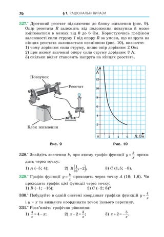 § 1. РАЦІОНАЛЬНІ ВИРАЗИ
76
. Äротяний реостат підключено до блоку живлення (рис. 9).
Опір реостата залежить від положення повзунка й може
змінюватися в межах від 0 до 6 Ом. Користуючись графіком
залежності сили струму від опору за умови, о напруга на
кінцях реостата залишається незмінною (рис. 10), визначте:
1) чому дорівнює сила струму, як о опір дорівнює 2 Ом
2) при якому значенні опору сила струму дорівнює 3 А
3) скільки вольт становить напруга на кінцях реостата.
Реостат
Повзунок
Блок живлення
0
12
12
,
,
А
10
10
10
8
8
6
6
4
4
2
2
2
2 4
4 6
6 ,Ом
Ом
Рис. 9 Рис. 10
8. Знайдіть значення , при якому графік функції y
k
x
= прохо-
дить через точку:
1) ( 5 4) 2) B
1
6
2
; ;
−
( ) 3) C (1,5 8).
. Графік функції y
k
x
= проходить через точку (10 1,6). и
проходить графік цієї функції через точку:
1) ( 1 16) 2) C ( 2 8)
. Побудуйте в одній системі координат графіки функцій y
x
=
4
і = та визначте координати точок їхнього перетину.
. Розв’яжіть графічно рівняння:
1)
4
4
x
x
  ; 2) x
x
 
2
3
; 3) x
x
  
2
5
.
 