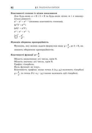 § 1. РАЦІОНАЛЬНІ ВИРАЗИ
82
Властивості степеня із іли показнико
Äля будь-яких a ≠ 0 і ≠ 0 та будь-яких цілих m і викону-
ються рівності:
am . a = am +
(основна властивість степеня)
( ) ;
a a
m n mn
=
(a ) = a
am
: a = am
a
b
a
b
n n
n
   .
унк ія обернена пропор і ність
Функцію, яку можна задати формулою виду y
k
x
= , де ≠ 0, на-
зивають оберненою пропорційністю.
Властивості унк ії y
k
x
=
Область визначення: усі числа, крім 0.
Область значень: усі числа, крім 0.
Графік: гіпербола.
Нуль функції: не існує.
Властивість графіка: як о точка ( 0 0) належить гіперболі
y
k
x
= , то точка ( 0 0) також належить цій гіперболі.
 