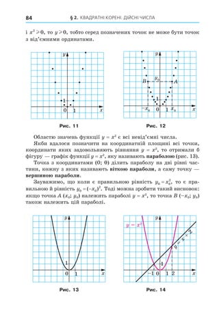 § 2. КВАДРАТНІ КОРЕНІ. ДІЙСНІ ЧИСЛА
84
і x2
0
l , то y l 0, тобто серед позначених точок не може бути точок
з від’ємними ординатами.
0 1
1
1
0
0 1
1
1
1
1
0
0
Рис. 11 Рис. 12
Областю значень функції = 2
є всі невід’ємні числа.
Якби вдалося позначити на координатній пло ині всі точки,
координати яких задовольняють рівняння = 2
, то отримали б
фігуру графік функції = 2
, яку називають параболо (рис. 13).
Точка з координатами (0 0) ділить параболу на дві рівні час-
тини, кожну з яких називають вітко параболи, а саму точку
вершино параболи.
Зауважимо, о коли є правильною рівність y x
0 0
2
= , то є пра-
вильною й рівність y x
0 0
2
 
( ) . Тоді можна зробити такий висновок:
як о точка ( 0 0) належить параболі = 2
, то точка ( 0 0)
також належить цій параболі.
0 1
1
1
1
1
0 1 2
2
1
1
1
1
1
2
2
2
Рис. 13 Рис. 14
 