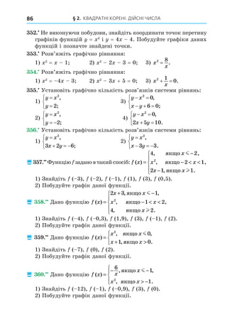 § 2. КВАДРАТНІ КОРЕНІ. ДІЙСНІ ЧИСЛА
86
. Не виконуючи побудови, знайдіть координати точок перетину
графіків функцій = 2
і = 4 4. Побудуйте графіки даних
функцій і позначте знайдені точки.
. Розв’яжіть графічно рівняння:
1) 2
= 1 2) 2
2 3 = 0 3) x
x
2 8
= .
. Розв’яжіть графічно рівняння:
1) 2
= 4 3 2) 2
3 + 5 = 0 3) x
x
2 1
0
  .
. Установіть графічно кількість розв’язків системи рівнянь:
1)
y x
y





2
2
,
;
3)
y x
x y
 
  



2
0
6 0
,
;
2)
y x
y

 



2
2
,
;
4)
y x
x y
 
 



2
0
2 5 10
,
.
. Установіть графічно кількість розв’язків системи рівнянь:
1)
y x
x y

  



2
3 2 6
,
;
2)
y x
x y

  



2
3 3
,
.
 . Функцію задано в такий спосіб: f x
x
x x
x x
( )
, ,
, ,
, .
=
−
−  
−





4 2
2 1
2 1 1
2
ÿêùî
ÿêùî
ÿêùî
m
l
1) Знайдіть ( 3), ( 2), ( 1), (1), (3), (0,5).
2) Побудуйте графік даної функції.
 8. Äано функцію f x
x x
x x
x
( )
, ,
, ,
, .
=
+ −
−  





2 3 1
1 2
4 2
2
ÿêùî
ÿêùî
ÿêùî
m
l
1) Знайдіть ( 4), ( 0,3), (1,9), (3), ( 1), (2).
2) Побудуйте графік даної функції.
 . Äано функцію f x
x x
x x
( )
, ,
, .
=
+ 



2
0
1 0
ÿêùî
ÿêùî
m
1) Знайдіть ( 7), (0), (2).
2) Побудуйте графік даної функції.
 . Äано функцію f x x
x
x x
( )
, ,
, .
=
− −
 −





6
1
1
2
ÿêùî
ÿêùî
m
1) Знайдіть ( 12), ( 1), ( 0,9), (3), (0).
2) Побудуйте графік даної функції.
 