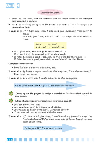 114
Unit 4
Grammar in Context
1. From the text above, read out sentences with an unreal condition and interpret
their meaning in context.
2. Read the following examples of 2nd Conditional, make a table of changes and
comment on them.
E x a m p l e : If I have free time, I will read this magazine from cover to
cover. 
If I had free time, I would read this magazine from cover to
cover.
have  had
will read  would read
 If all goes well, Ann will go to study abroad. 
If all went well, Ann would go to study abroad.
 If Peter becomes a good journalist, he will work for the Times. 
If Peter became a good journalist, he would work for the Times.
Complete the instruction
 To talk about an unreal situation, use…
E x a m p l e : If I were a regular reader of this magazine, I would subscribe to it.
 To give advice, use…
E x a m p l e : If I were you, I would subscribe to this newspaper.
Go to your First Aid Kit p. 250 for more information
Group up for the project to design a newsletter for the student council in
your school.
3. Say what newspapers or magazines you would read if:
 you had more free time;
 you were interested in international affairs;
 you wanted to know more about Ukrainian society;
 if you wanted to stay current with the news.
E x a m p l e : If I had much free time, I would read my favourite magazine
“Animals Around Us”. I have some pets at home, I want to know
more about them.
Go to your WB for more exercises
 