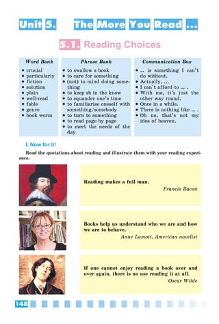 148
Unit 5. The More You Read ...
5.1. Reading Choices
Word Bank Phrase Bank Communication Box
 crucial
 particularly
 fiction
 solution
 plain
 well-read
 fable
 genre
 book worm
 to swallow a book
 to care for something
 (not) to mind doing some-
thing
 to keep sb in the know
 to squander one’s time
 to familiarise oneself with
something/somebody
 to turn to something
 to read page by page
 to meet the needs of the
day
 … is something I can’t
do without.
 Actually, ...
 I can’t afford to … .
 With me, it’s just the
other way round.
 Once in a while.
 There is nothing like … .
 Oh no, that’s not my
idea of heaven.
I. Now for it!
Read the quotations about reading and illustrate them with your reading experi-
ence.
Reading makes a full man.
Francis Bacon
Books help us understand who we are and how
we are to behave.
Anne Lamott, American novelist
If one cannot enjoy reading a book over and
over again, there is no use reading it at all.
Oscar Wilde
 