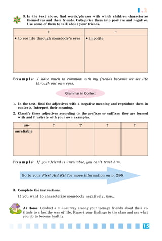 15
1.2
3. In the text above, find words/phrases with which children characterize
themselves and their friends. Categorize them into positive and negative.
Use some of them to talk about your friends.
+ –
 to see life through somebody’s eyes  impolite
E x a m p l e : I have much in common with my friends because we see life
through our own eyes.
Grammar in Context
1. In the text, find the adjectives with a negative meaning and reproduce them in
contexts. Interpret their meaning.
2. Classify these adjectives according to the prefixes or suffixes they are formed
with and illustrate with your own examples.
un- ? ? ? ?
unreliable
E x a m p l e : If your friend is unreliable, you can’t trust him.
Go to your First Aid Kit for more information on p. 256
3. Complete the instructions.
If you want to characterize somebody negatively, use...
At Home: Conduct a mini-survey among your teenage friends about their at-
titude to a healthy way of life. Report your findings to the class and say what
you do to become healthy.
 