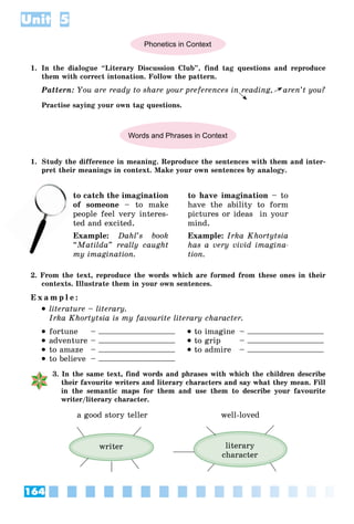 164
Unit 5
Phonetics in Context
1. In the dialogue “Literary Discussion Club”, find tag questions and reproduce
them with correct intonation. Follow the pattern.
Pattern: You are ready to share your preferences in reading, aren’t you?
Practise saying your own tag questions.
Words and Phrases in Context
1. Study the difference in meaning. Reproduce the sentences with them and inter-
pret their meanings in context. Make your own sentences by analogy.
to catch the imagination
of someone – to make
people feel very interes-
ted and excited.
Example: Dahl’s book
“Matilda” really caught
my imagination.
to have imagination – to
have the ability to form
pictures or ideas in your
mind.
Example: Irka Khortytsia
has a very vivid imagina-
tion.
2. From the text, reproduce the words which are formed from these ones in their
contexts. Illustrate them in your own sentences.
E x a m p l e :
 literature – literary.
Irka Khortytsia is my favourite literary character.
 fortune –  to imagine –
 adventure –  to grip –
 to amaze –  to admire –
 to believe –
3. In the same text, find words and phrases with which the children describe
their favourite writers and literary characters and say what they mean. Fill
in the semantic maps for them and use them to describe your favourite
writer/literary character.
a good story teller well-loved
writer literary
character
of
p
 