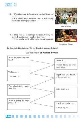 206
Unit 6
3. – What is going to happen to the tradition of
... ?
– I’m absolutely positive that it will enjoy
more and more popularity.
Tea dancing
4. – They say, ... is perhaps the most widely ob-
served traditional meal of the year.
– It certainly is. It adds up to the enjoyment.
Christmas Dinner
2. Complete the dialogue “At the Heart of Modern Britain”.
At the Heart of Modern Britain
What is your attitude
to…? I find it ... .
I know from my own
experience
Today, ... .
I believe ... .
Right you are. Anoth-
er important ... .
I’m absolutely posi-
tive that ... . Let’s take ... .
What’s going to hap-
pen ... ? It will certainly ... .
It adds up to ... .
 