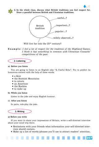 207
6.4
2. In the whole class, discuss what British traditions you feel respect for.
Draw a parallel between British and Ukrainian traditions.
British
tradition
useful…?
important…?
popular...?
widely observed…?
Will live far into the 21st century?
E x a m p l e : I feel a lot of respect for the tradition of the Highland Games.
I think it has something in common with Ukrainian Cossacks’
competitions of the past.
2. Listening
a) Before you listen
You are going to listen to an English joke “A Useful Echo”. Try to predict its
humorous content with the help of these words.
 a Scot
 the Scottish Mountains
 to return
 an American
 the Rockies
 to wake up
b) While you listen
Listen to the joke and enjoy English humour.
c) After you listen
In pairs, role-play the joke.
3. Writing
a) Before you write
If you want to share your impressions of Britain, write a self-directed interview
about your mind trip there.
 Brainstorm with your friends what information your self-directed inter-
view should contain.
 Make up a list of words/phrases you’ll use to attract readers’ attention.
 
