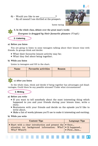 31
1.4
6) – Would you like to see ____________?
– By all means! I am thrilled at the prospect.
3. In the whole class, debate over the great man’s words:
Everyone is dragged by their favourite pleasure (Virgil)
2. Listening
a) Before you listen
You are going to listen to some teenagers talking about their leisure time with
friends. In groups think and decide:
 What their favourite leisure activity may be;
 What they feel about being together.
b) While you listen
Listen to teenagers and fill in the chart.
Name Favourite activities Reason
c) After you listen
In the whole class, think and decide if being together has advantages and disad-
vantages. Could there be any possible minuses? Under what circumstances?
3. Writing
a) Before you write
 If you want to tell somebody about the most interesting thing which
happened to you and your friends during your leisure time, write a
story.
 Brainstorm with your friends and decide on the episode you’d like to
write about.
 Make a list of words/phrases you’ll use to make it interesting and exciting.
b) While you write
Content Tips Language Tips
 Start with a clear introduction and present the
situation (or background information: Who?
Why? When?)
 Once…
 It happened…
 First…then…
horse racing
 
