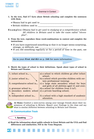 42
Unit 2
Grammar in Context
1. In the text, find 5-7 facts about British schooling and complete the sentences
with them.
 Oksana had to get used to __________________________
 British children used to ____________________________
E x a m p l e s : Oksana had to get used to studying at a comprehensive school.
All children in Britain used to take the exam called “eleven-
plus”.
2. From the text, reproduce these word-combinations in context and complete the
instructions:
 If you have experienced something so that it no longer seems surprising,
strange, or difficult, use ______________________.
 If you did something regularly or for a period of time in the past, use
______________________________.
Go to your First Aid Kit on p. 246 for more information
3. Match the types of school to their definitions. Speak about types of school in
Britain and Ukraine.
1. infant school is…
2. junior school is…
3. comprehensive school is…
4. grammar school is…
5. secondary modern school
is…
6. independent school is…
a) a school to which children go after infant
school;
b) a school which provides children with cer-
tain professional training;
c) a large state secondary school for boys
and girls of all abilities aged 11 and over;
d) a school for children from 5 to7;
e) a private boarding school;
f) a school with a high standard of academic
education.
At Home: Conduct a mini-survey among your teenage friends about their im-
pressions of schooling in Britain. Report your findings to the class and say
what is similar/different between schooling in Britain and Ukraine.
IV. Communication Track
1. Speaking
a) Read the information about public schools in Great Britain and the USA and find
differences and similarities. Fill in the Venn Diagram.
 