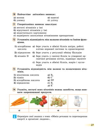 27
10	
Найчастіше авітаміноз виникає:
а)	 восени	 в)	 навесні
б)	 узимку	 г)	 улітку
11	
Гіпервітаміноз виникає внаслідок:
а)	 нестачі вітамінів у їжі
б)	 відсутності вітамінів у їжі
в)	 недостатнього харчування
г)	 надмірного захоплення вітамінними препаратами
12	 
Установіть відповідність між назвами вітамінів та їхніми функ-
ціями.
1)	
аскорбінова
кислота
а)	
бере участь в обміні білків шкіри, роботі
клітин нервової системи та кровотворенні
2)	 піридоксин б)	
бере участь у регуляції обміну Кальцію
3)	 вітамін D в)	
бере участь у синтезі білків та утворенні ор-
ганічної речовини кісток, підвищує імунітет
г)	
бере участь в обміні білків, жирів і вугле-
водів
13	 
Установіть відповідність між назвою та позначенням віта-
мінів.
1)	 нікотинова кислота	 а)	 B6
2)	 тіамін	 б)	 C
3)	 аскорбінова кислота	 в)	 PP
4)	 піридоксин	 г)	 B1
	 	 	 д)	 E
14	 
Укажіть, нестачі яких вітамінів можна запобігти, якщо вжи-
вати запропоновані продукти.
а) б) в) г)

Перевірте свої знання з теми «Обмін речовин та перетворення
енергії в організмі людини».
 
