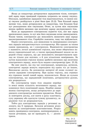 § 21. Взаємодія заряджених тіл. Провідники та непровідники електрики
149
Якщо до кондуктора доторкнутися зарядженим тілом, електрич-
ний заряд через провідний стрижень потрапить на кожну смужку.
Оскільки, однойменно заряджені тіла відштовхуються, то нижні кін-
ці смужок розійдуться в різні боки (рис 21.2). Чим більший заряд
матиме тіло, яким доторкнулися до кондуктора, тим більшим буде
кут розходження між смужками. Отже, за кутом між смужками
можна зробити висновок про величину заряду досліджуваного тіла.
Коли до зарядженого електроскопа піднести тіло, яке має заряд
протилежного знака, то кут між його смужками почне зменшуватися.
Таким чином, електроскоп дає можливість визначити знак заряду
наелектризованого тіла. Спробуйте пояснити, чому так відбувається.
Окрім електроскопа, для виявлення та вимірювання електрич-
них зарядів використовується електрометр. Він працює за таким
самим принципом, як і електроскоп. Відмінністю електрометра
є наявність легкої алюмінієвої стрілки, яка може обертатися на-
вколо горизонтальної осі, а також проградуйованої шкали на пе-
редній стінці корпуса, що дає можливість використовувати при-
лад не тільки для якісних, а й для кількісних вимірювань. За
кутом відхилення стрілки можна зробити висновок про величину
електричного заряду, якого було надано електрометру (рис. 21.3).
Ви вже знаєте, що під час електризації, наприклад, дотиком,
електричні заряди можуть переходити від одних тіл до інших.
Виконаємо дослід. За допомогою натертої об шовк скляної па-
лички зарядимо електрометр. При цьому стрілка, яка отримує
від стрижня такий самий заряд, відхиляється. Якщо до кульки
електрометра, що заряджений позитивно, доторкнутися рукою,
він розрядиться.
На електрометр через тіло людини перейде
із землі певна кількість негативного заряду, що
компенсує його позитивний заряд. Подібне явище
можна спостерігати, якщо доторкнутися до заря-
дженого електрометра залізним предметом. Якщо
ж повторити дослід, але взяти в руку пластмасу,
суху деревину або одягнути гумову рукавичку, за-
ряджене тіло не розряджається.
Тобто рух електричних зарядів у речовині за-
лежить від її природи. Загалом речовини різно-
манітні за електричними властивостями. Розріз-
няють провідники електрики, напівпровідники, а
також речовини, що не проводять її, — діелек-
трики.
Рис. 21.3.
Заряджений
електрометр
 
