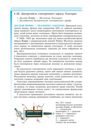 156
§ 22. Дискретність електричного заряду. Електрон
 Досліди Йоффе — Міллікена. Електрон
 Дослідження дискретності електричного заряду
ДОСЛІДИ ЙОФФЕ — МІЛЛІКЕНА. ЕЛЕКТРОН. Вивчаючи елек-
тричні явища, фізики вже наприкінці ХIХ ст. дійшли висновку
щодо наявності носія елементарного негативного електричного за-
ряду, який дістав назву «електрон». Проте його існування залиша-
лося гіпотезою, оскільки не було підтверджене експериментально.
У 1910—1911 рр. незалежно один від одного російський фізик
Абрам Йоффе і американський вчений Роберт Міллікен провели
експерименти з дослідження дискретності (подільності) електрич-
ного заряду та визначення заряду електрона. У своїх дослідах
вчені застосовували установки, принцип дії яких зображено на
рис. 22.1.
Експериментальна установка складалася із закритої ємності
2 (захисного кожуха), з відкачаним до стану вакууму повітрям.
Усередині ємності перебували дві металеві пластини 3, яким мож-
на було надавати певний заряд. За поведінкою частинок можна
було спостерігати через спеціальне віконце за допомогою мікро-
скопа.
За відсутності електричного поля заряджені частинки у ваку-
умі будуть рухатися донизу, проте цей процес можна зупинити,
якщо зарядити верхню пластину позитивно, а нижню негативно.
Регулюючи величину заряду пластин, учені домагалися того, що
часточки плавали всередині між пластинами.
Унаслідок опромінювання частинок рентгенівським або ультра-
фіолетовим випромінюванням частинки втрачали заряд і рухали-
ся донизу, їх знову зупиняли, регулюючи заряд пластин. Такий
процес повторювали кілька разів і за спеціальними формулами
обчислювали заряд частинок.
У результаті проведених досліджень вдалося виявити, що за-
ряд частинок завжди змінювався стрибками, на строго визначену
Рис. 22.1. Схема
експериментальної установки
дослідів Йоффе та Міллікена:
1 — спеціальний
розпилювач; 2 — захисний
кожух; 3 — паралельні
заряджені пластини;
4 — мікроскоп;
5 — джерело світла
(ліворуч від установки)
 