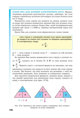 190
ЗАКОН ОМА ДЛЯ ДІЛЯНКИ ЕЛЕКТРИЧНОГО КОЛА. Проана-
лізувавши результати розглянутого досліду, побачимо, що сила
струму в провіднику залежить від напруги на кінцях ділянки кола
та її опору.
Залежність сили струму від напруги на кінцях ділянки кола
та опору цієї ділянки називається законом Ома для ділянки кола,
за ім’ям німецького вченого Георга Ома, який експериментально
відкрив цей закон і в 1826 р. отримав математичний вираз цієї
залежності.
Закон Ома для ділянки кола формулюється таким чином:
сила струму в однорідній ділянці кола прямо пропорцій-
на напрузі на кінцях цієї ділянки та обернено пропорційна
її електричному опору:
U
I
R
 ,
де I — сила струму в ділянці кола; U — напруга на цій ділянці;
R — опір ділянки.
За законом Ома можна розрахувати силу струму в ділянці ко-
ла
U
I
R
 , напругу на її кінцях U I R
  та опір ділянки кола
U
R
I
 . Зверніть увагу: з останньої формули не випливає, що опір
провідника залежить від напруги на його кінцях або сили струму
в ньому. Ми бачили, що опір залежить від речовини, з якої ви-
готовлений провідник, його довжини та поперечного перерізу.
Для зручності розрахунків формули, наведені вище, зводять у
так званий трикутник для визначення сили струму, напруги та
опору в електричному колі (рис. 27.8).
Рис. 27.8. Залежність між силою струму в провіднику, його опором і
напругою на кінцях провідника
U
I R
U
I R
U
I R
U = I · R
U
I = —
R
U
R = —
I
 