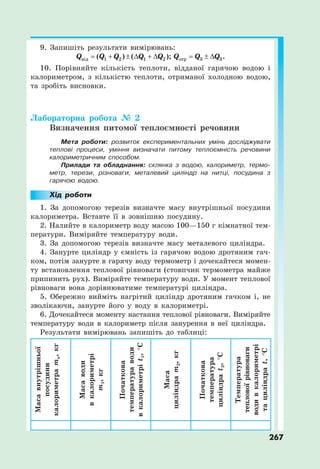 267
9. Запишіть результати вимірювань:
від 1 2 1 2 отр 3 3
( ) ( ); .
Q Q Q Q Q Q Q Q
        
10. Порівняйте кількість теплоти, відданої гарячою водою і
калориметром, з кількістю теплоти, отриманої холодною водою,
та зробіть висновки.
Лабораторна робота № 2
Визначення питомої теплоємності речовини
Мета роботи: розвиток експериментальних умінь досліджувати
теплові процеси, уміння визначати питому теплоємність речовини
калориметричним способом.
Прилади та обладнання: склянка з водою, калориметр, термо-
метр, терези, різноваги, металевий циліндр на нитці, посудина з
гарячою водою.
Хід роботи
1. За допомогою терезів визначте масу внутрішньої посудини
калориметра. Вставте її в зовнішню посудину.
2. Налийте в калориметр воду масою 100—150 г кімнатної тем-
ператури. Виміряйте температуру води.
3. За допомогою терезів визначте масу металевого циліндра.
4. Занурте циліндр у ємність із гарячою водою дротяним гач-
ком, потім занурте в гарячу воду термометр і дочекайтеся момен-
ту встановлення теплової рівноваги (стовпчик термометра майже
припинить рух). Виміряйте температуру води. У момент теплової
рівноваги вона дорівнюватиме температурі циліндра.
5. Обережно вийміть нагрітий циліндр дротяним гачком і, не
зволікаючи, занурте його у воду в калориметрі.
6. Дочекайтеся моменту настання теплової рівноваги. Виміряйте
температуру води в калориметр після занурення в неї циліндра.
Результати вимірювань запишіть до таблиці:
Маса
внутрішньої
посудини
калориметра
m
а
,
кг
Маса
води
в
калориметрі
m
1
,
кг
Початкова
температура
води
в
калориметрі
t
1
,
°С
Маса
циліндра
m
2
,
кг
Початкова
температура
циліндра
t
2
,
°С
Температура
теплової
рівноваги
води
в
калориметрі
та
циліндра
t,
°С
 