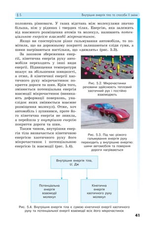 § 5. Внутрішня енергія тіла та способи її зміни
41
положень рівноваги. У газах відстань між молекулами значно
більша, ніж у рідинах і твердих тілах. Енергію, яка залежить
від взаємного розміщення атомів та молекул, називають потен-
ціальною енергією взаємодії мікрочастинок.
Якщо ви спостерігали різке гальмування автомобіля, то по-
мітили, що на дорожньому покритті залишаються сліди гуми, а
шини нагріваються настільки, що «димлять» (рис. 5.3).
За законом збереження енер-
гії, кінетична енергія руху авто-
мобіля переходить у інші види
енергії. Підвищення температури
вказує на збільшення швидкості,
а отже, й кінетичної енергії хао-
тичного руху мікрочастинок по-
криття дороги та шин. Крім того,
змінюється потенціальна енергія
взаємодії мікрочастинок (виника-
ють деформації поверхонь, уна-
слідок яких змінюється взаємне
розміщення молекул). Отже, хоч
автомобіль і зупинився, проте йо-
го кінетична енергія не зникла,
а перейшла у внутрішню енергію
покриття дороги та шин.
Таким чином, внутрішня енер-
гія тіла визначається кінетичною
енергією хаотичного руху його
мікрочастинок і потенціальною
енергією їх взаємодії (рис. 5.4).
Рис. 5.4. Внутрішня енергія тіла є сумою кінетичної енергії хаотичного
руху та потенціальної енергії взаємодії всіх його мікрочастинок
Рис. 5.2. Мікрочастинки
речовини здійснюють тепловий
хаотичний рух і постійно
взаємодіють
Рис. 5.3. Під час різкого
гальмування енергія руху
переходить у внутрішню енергію:
шини автомобіля та поверхня
дороги нагріваються
Внутрішня енергія тіла,
U, Дж
Потенціальна
енергія
взаємодії
молекул
Кінетична
енергія
хаотичного руху
молекул
 