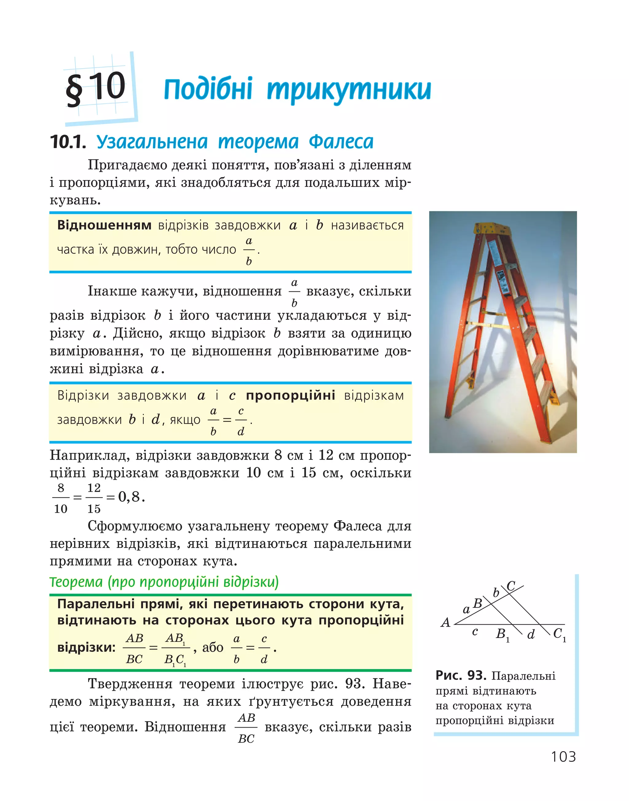 103
Подібні трикутники
§10
10.1. Узагальнена теорема Фалеса
Пригадаємо деякі поняття, пов’язані з діленням
і пропорціями, які знадобляться для подальших мір-
кувань.
відношенням відрізків завдовжки a і b називається
частка їх довжин, тобто число
a
b
.
Інакше кажучи, відношення
a
b
вказує, скільки
разів відрізок b і його частини укладаються у від-
різку a. Дійсно, якщо відрізок b взяти за одиницю
вимірювання, то це відношення дорівнюватиме дов-
жині відрізка a.
Відрізки завдовжки a і c пропорційні відрізкам
завдовжки b і d, якщо
a
b
c
d
= .
Наприклад, відрізки завдовжки 8 см і 12 см пропор-
ційні відрізкам завдовжки 10 см і 15 см, оскільки
8
10
12
15
0 8
= = , .
Сформулюємо узагальнену теорему Фалеса для
нерівних відрізків, які відтинаються паралельними
прямими на сторонах кута.
Теорема (про пропорційні відрізки)
Паралельні прямі, які перетинають сторони кута,
відтинають на сторонах цього кута пропорційні
відрізки:
AB
BC
AB
B C
= 1
1 1
, або
a
b
c
d
= .
Твердження теореми ілюструє рис. 93. Наве-
демо міркування, на яких ґрунтується доведення
цієї теореми. Відношення
AB
BC
вказує, скільки разів
a
b
d
c B1
C1
A
B
C
рис. 93. Паралельні
прямі відтинають
на сторонах кута
пропорційні відрізки
 