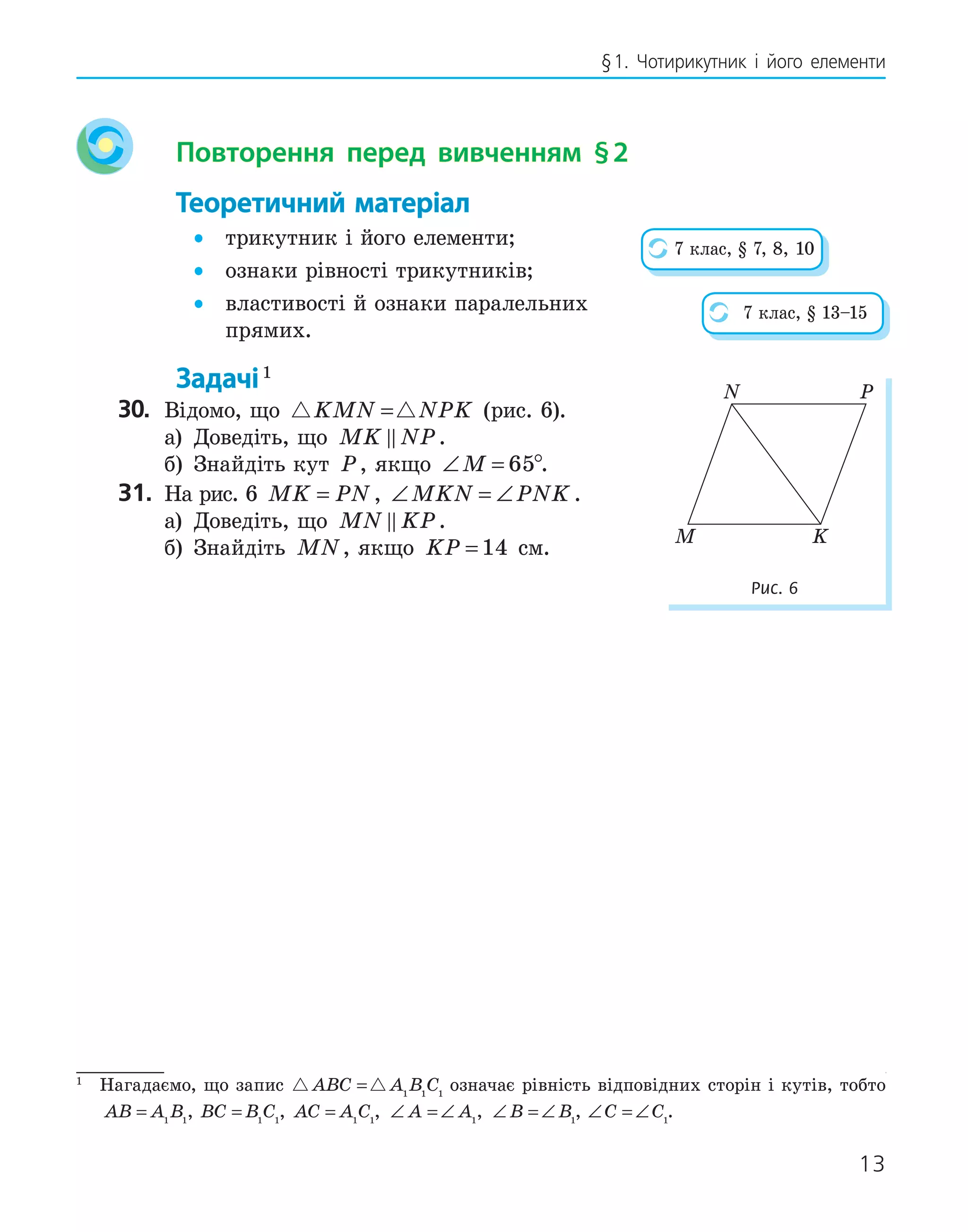13
§1. Чотирикутник і його елементи
Повторення перед вивченням §2
Теоретичний матеріал
• трикутник і його елементи;
• ознаки рівності трикутників;
• властивості й ознаки паралельних
прямих.
Задачі1
30. Відомо, що  
KMN NPK
= (рис. 6).
а) Доведіть, що MK NP
 .
б) Знайдіть кут P, якщо ∠ =
M 65°.
31. На рис. 6 MK PN
= , ∠ = ∠
MKN PNK .
а) Доведіть, що MN KP
 .
б) Знайдіть MN, якщо KP = 14 см.
7 клас, § 7, 8, 10
7 клас, § 13–15
M
N P
K
Рис. 6
1
Нагадаємо, що запис  
ABC A B C
= 1 1 1
означає рівність відповідних сторін і кутів, тобто
AB A B
= 1 1
, BC B C
= 1 1
, AC A C
= 1 1
, ∠ = ∠
A A1
, ∠ = ∠
B B1
, ∠ = ∠
C C1
.
 
