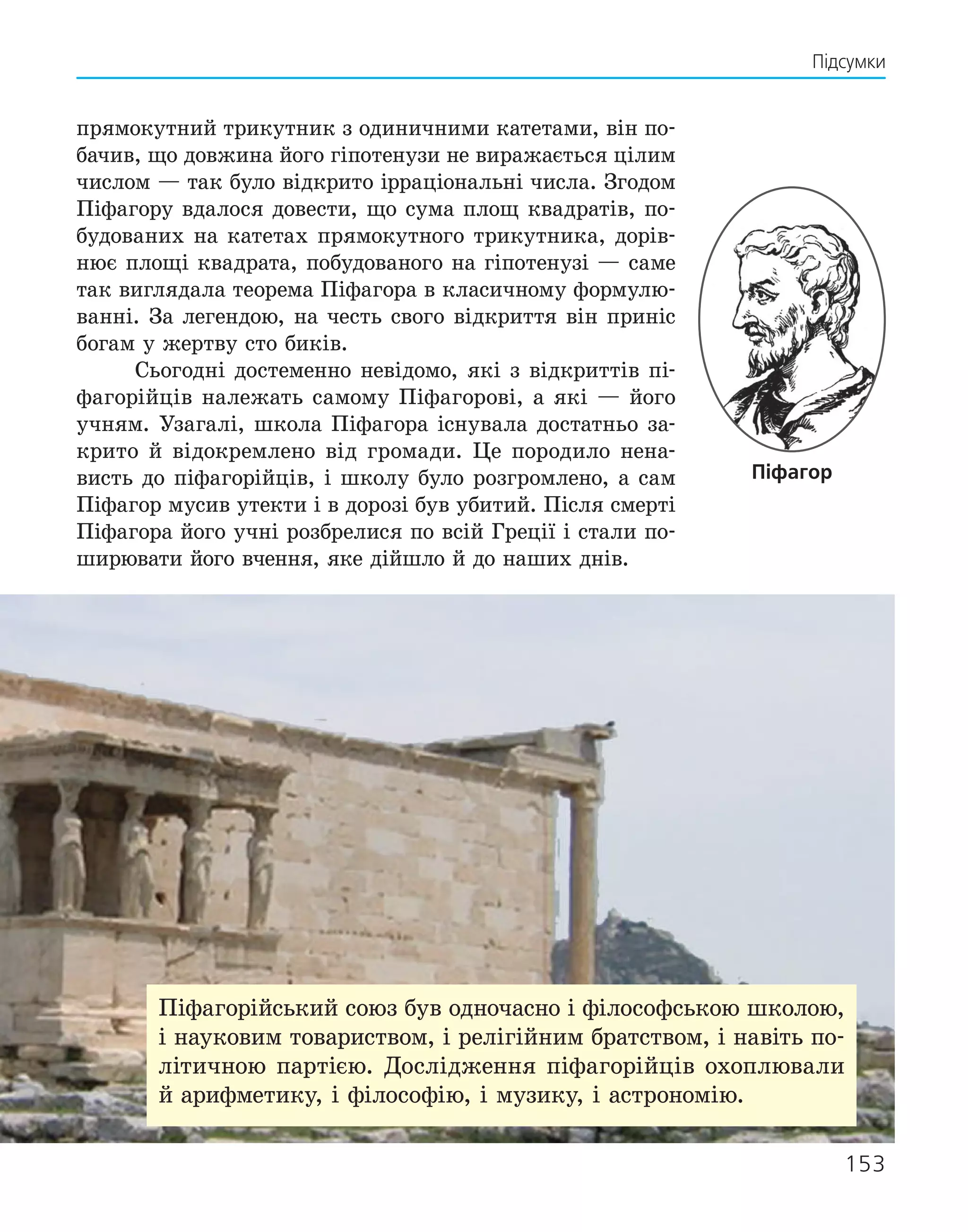 Підсумки
прямокутний трикутник з одиничними катетами, він по-
бачив, що довжина його гіпотенузи не виражається цілим
числом — так було відкрито ірраціональні числа. Згодом
Піфагору вдалося довести, що сума площ квадратів, по-
будованих на катетах прямокутного трикутника, дорів-
нює площі квадрата, побудованого на гіпотенузі — саме
так виглядала теорема Піфагора в класичному формулю-
ванні. За легендою, на честь свого відкриття він приніс
богам у жертву сто биків.
Сьогодні достеменно невідомо, які з відкриттів пі-
фагорійців належать самому Піфагорові, а які — його
учням. Узагалі, школа Піфагора існувала достатньо за-
крито й відокремлено від громади. Це породило нена-
висть до піфагорійців, і школу було розгромлено, а сам
Піфагор мусив утекти і в дорозі був убитий. Після смерті
Піфагора його учні розбрелися по всій Греції і стали по-
ширювати його вчення, яке дійшло й до наших днів.
Піфагор
Піфагорійський союз був одночасно і філософською школою,
і науковим товариством, і релігійним братством, і навіть по-
літичною партією. Дослідження піфагорійців охоплювали
й арифметику, і філософію, і музику, і астрономію.
153
 
