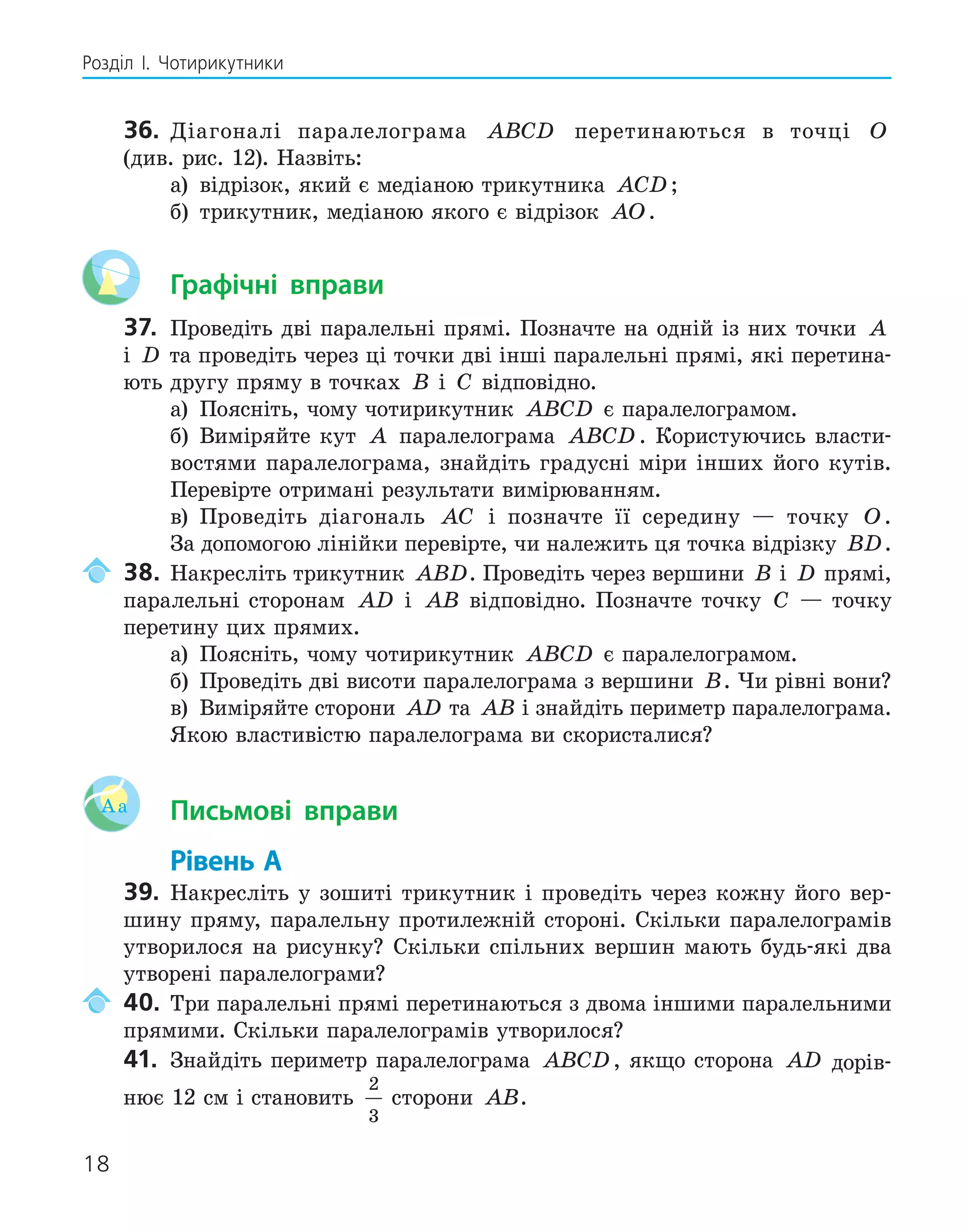 18
Розділ І. Чотирикутники
36. Діагоналі паралелограма ABCD перетинаються в точці O
(див. рис. 12). Назвіть:
а) відрізок, який є медіаною трикутника ACD ;
б) трикутник, медіаною якого є відрізок AO.
Графічні вправи
37. Проведіть дві паралельні прямі. Позначте на одній із них точки A
і D та проведіть через ці точки дві інші паралельні прямі, які перетина-
ють другу пряму в точках B і C відповідно.
а) Поясніть, чому чотирикутник ABCD є паралелограмом.
б) Виміряйте кут A паралелограма ABCD . Користуючись власти-
востями паралелограма, знайдіть градусні міри інших його кутів.
Перевірте отримані результати вимірюванням.
в) Проведіть діагональ AC і позначте її середину — точку O.
За допомогою лінійки перевірте, чи належить ця точка відрізку BD.
38. Накресліть трикутник ABD. Проведіть через вершини B і D прямі,
паралельні сторонам AD і AB відповідно. Позначте точку C — точку
перетину цих прямих.
а) Поясніть, чому чотирикутник ABCD є паралелограмом.
б) Проведіть дві висоти паралелограма з вершини B. Чи рівні вони?
в) Виміряйте сторони AD та AB і знайдіть периметр паралелограма.
Якою властивістю паралелограма ви скористалися?
Aa Письмові вправи
Рівень А
39. Накресліть у зошиті трикутник і проведіть через кожну його вер-
шину пряму, паралельну протилежній стороні. Скільки паралелограмів
утворилося на рисунку? Скільки спільних вершин мають будь-які два
утворені паралелограми?
40. Три паралельні прямі перетинаються з двома іншими паралельними
прямими. Скільки паралелограмів утворилося?
41. Знайдіть периметр паралелограма ABCD, якщо сторона AD дорів-
нює 12 см і становить
2
3
сторони AB.
 