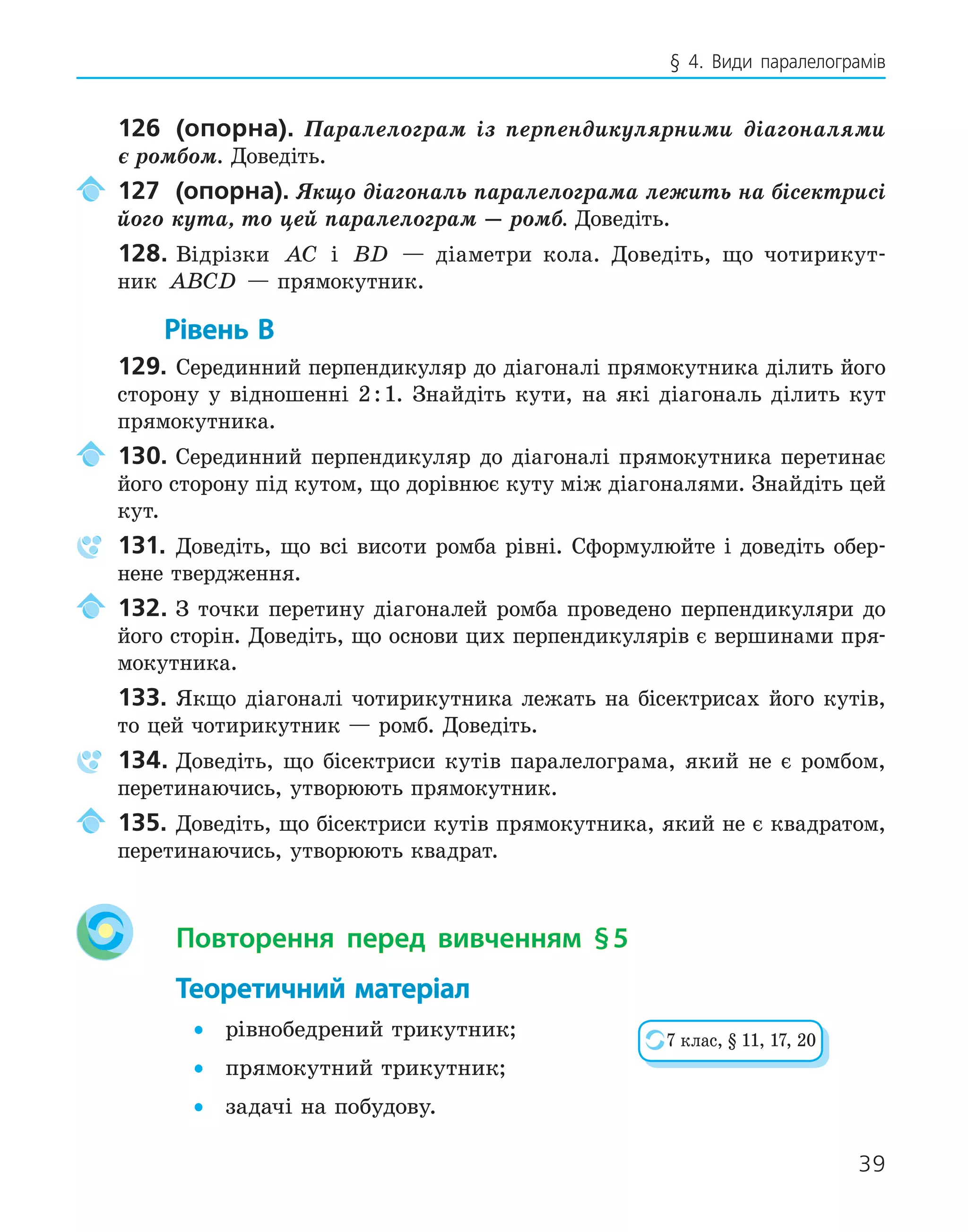 39
§ 4. Види паралелограмів
126 (опорна). Паралелограм із перпендикулярними діагоналями
є ромбом. Доведіть.
127 (опорна). Якщо діагональ паралелограма лежить на бісектрисі
його кута, то цей паралелограм — ромб. Доведіть.
128. Відрізки AC і BD — діаметри кола. Доведіть, що чотирикут-
ник ABCD — прямокутник.
Рівень В
129. Серединний перпендикуляр до діагоналі прямокутника ділить його
сторону у відношенні 2:1. Знайдіть кути, на які діагональ ділить кут
прямокутника.
130. Серединний перпендикуляр до діагоналі прямокутника перетинає
його сторону під кутом, що дорівнює куту між діагоналями. Знайдіть цей
кут.
131. Доведіть, що всі висоти ромба рівні. Сформулюйте і доведіть обер-
нене твердження.
132. З точки перетину діагоналей ромба проведено перпендикуляри до
його сторін. Доведіть, що основи цих перпендикулярів є вершинами пря-
мокутника.
133. Якщо діагоналі чотирикутника лежать на бісектрисах його кутів,
то цей чотирикутник — ромб. Доведіть.
134. Доведіть, що бісектриси кутів паралелограма, який не є ромбом,
перетинаючись, утворюють прямокутник.
135. Доведіть, що бісектриси кутів прямокутника, який не є квадратом,
перетинаючись, утворюють квадрат.
Повторення перед вивченням §5
Теоретичний матеріал
• рівнобедрений трикутник;
• прямокутний трикутник;
• задачі на побудову.
7 клас, § 11, 17, 20
 